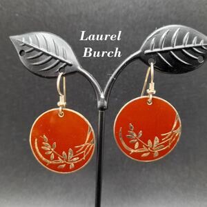Vintage Laurel Burch Floral Drop Earrings, Red Brown Enamel, Gold Plated